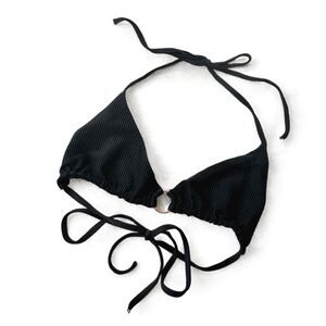 Frankies Bikinis Ribbed Black Bikini Top S Small Triangle Halter Gold Ring